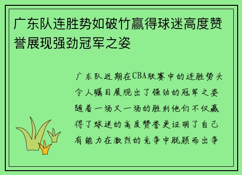 广东队连胜势如破竹赢得球迷高度赞誉展现强劲冠军之姿