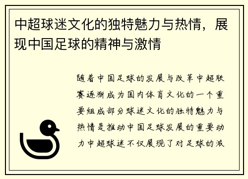 中超球迷文化的独特魅力与热情，展现中国足球的精神与激情